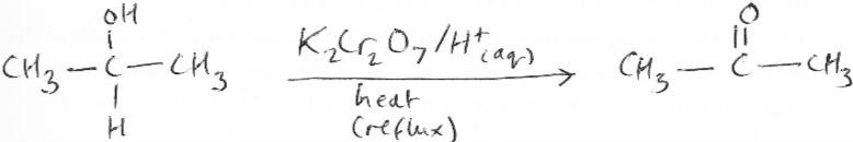 <p>Oxidised in 1 stage giving a ketone and cannot be oxidised further s the c-c bond would have to break so alcohol and oxidising agent are heated under reflux </p>