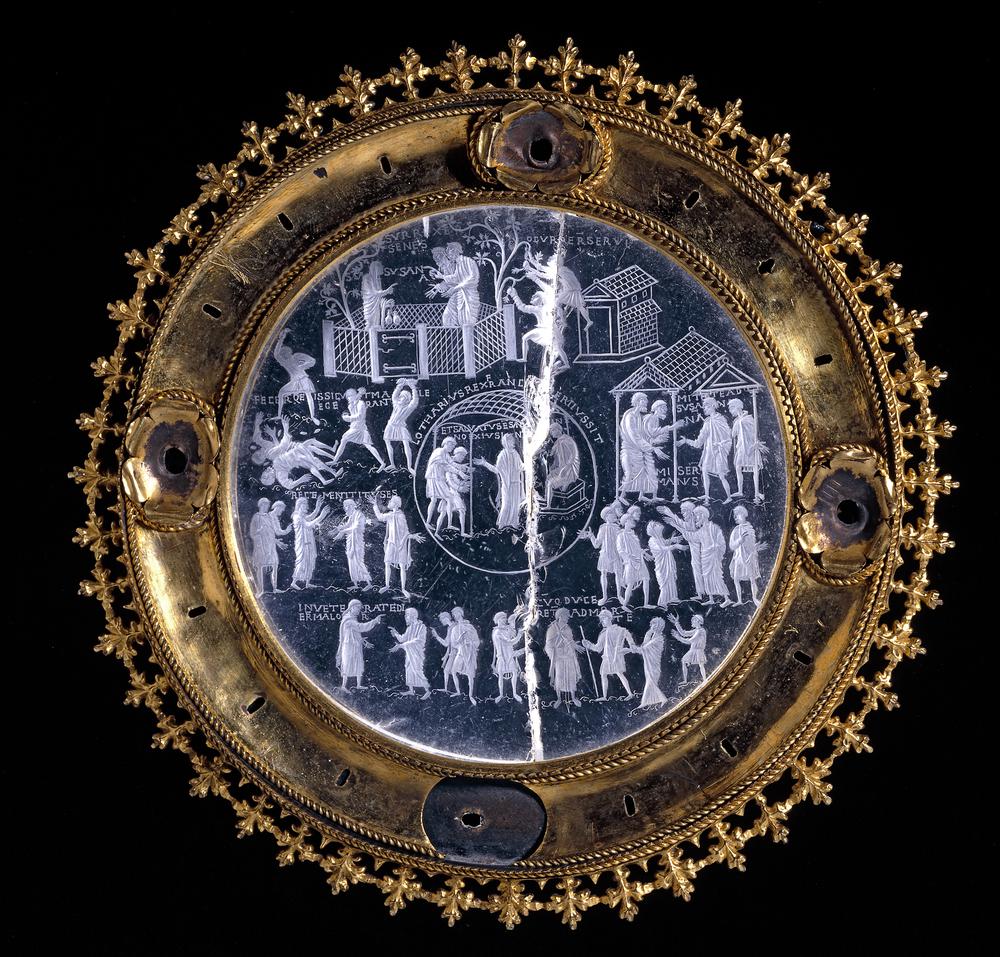 The Susanna Crystal, Aachen(?) or central Rhineland, c. 869, carved crystal with gilt copper setting, crystal diameter 4.5”
