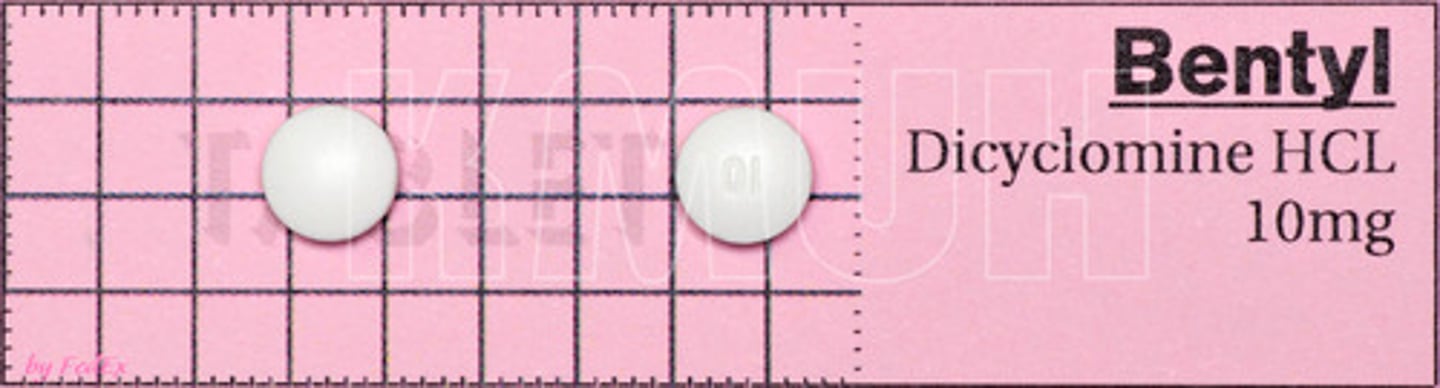 <p>Dicyclomine</p><p>Anti-spasmodic</p><p>Irritable bowel syndrome</p>