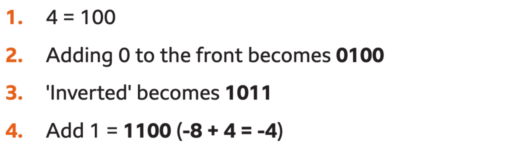 Convert the positive number to binary
Invert the number (change 0 -> 1  & 1->0)
Add 1 to the whole binary number (1010 + 1) Remember rules of binary addition
