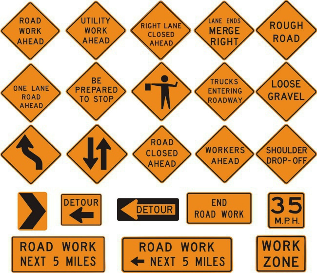 Orange signs with black letters are used in construction and work zones. Slow down when you see an orange sign.