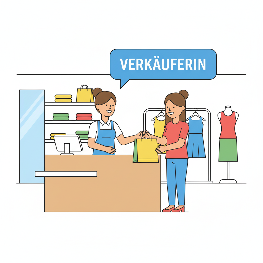 <p>Ich bin Verkäuferin. Ich verkaufe Produkte.</p>