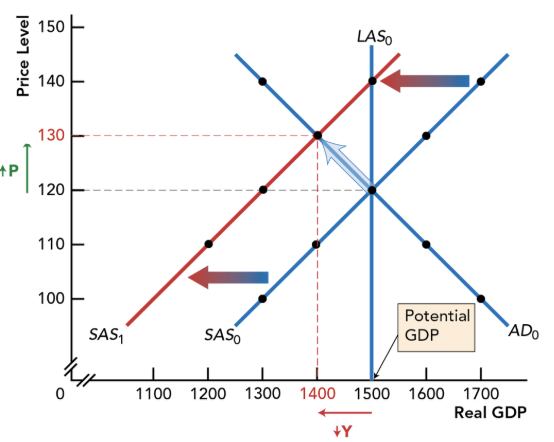 <ul><li><p>Cause stagflation</p></li><li><p>Rising average prices</p></li><li><p>Decreased GDP (Y)</p></li><li><p>Increased unemployment</p></li></ul><p></p><p></p>