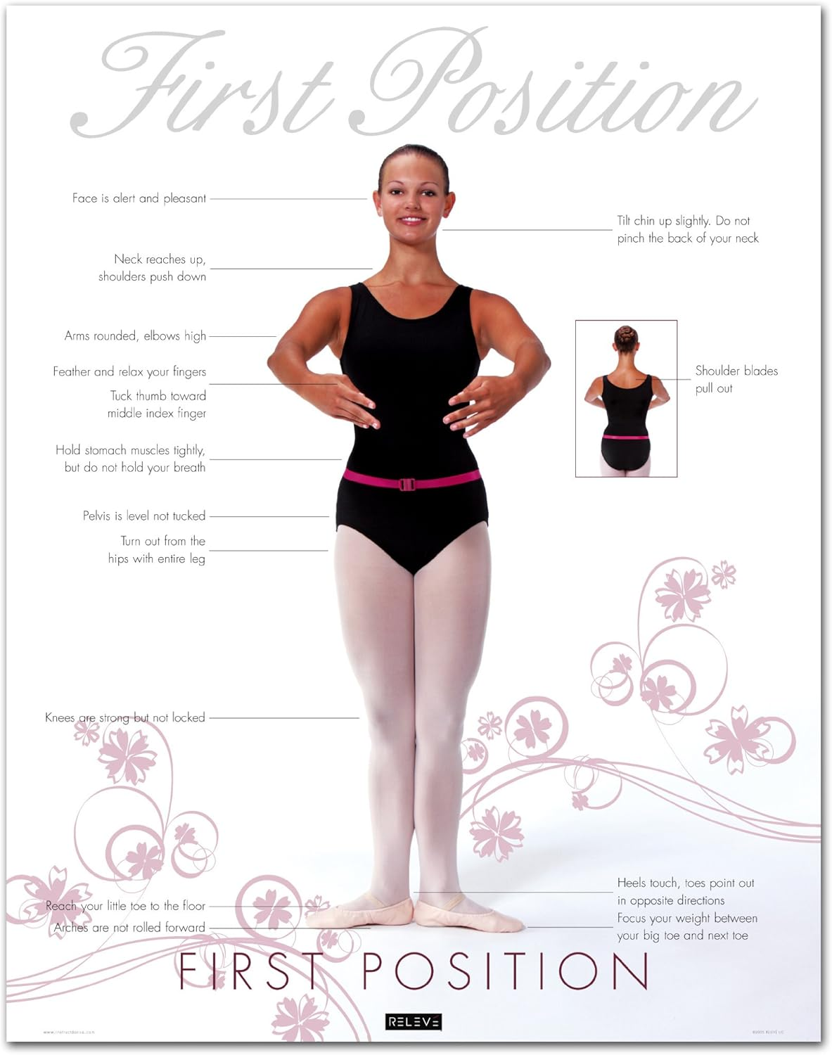 <ol><li><p>Heels together, toes facing outward</p></li><li><p>Hands meet outstretched directly in front of the sternum</p></li></ol><p></p>