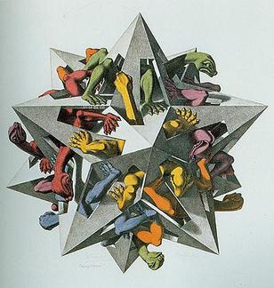 <p>Q: A large dodecahedron appears in Reptiles, a lithograph depicting tessellation by this Dutch artist. His print Relativity depicts unusually arranged doors and staircases.</p>