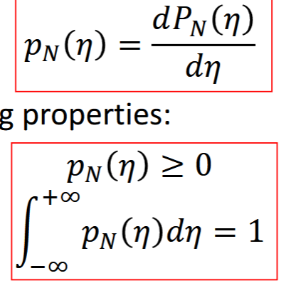 <p>probability density function, gaussian and uniform</p><p>specifies continuous random variable. sums as convolution products </p>