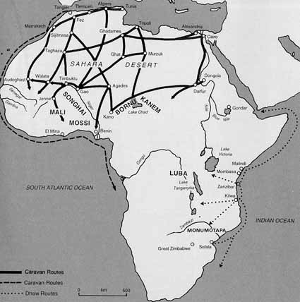 Trading network linking North Africa with sub-Saharan Africa across the Sahara. (p. 210)
