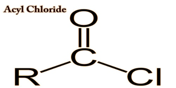 <p>Carbon bonded with Cl and has one double bond with oxygen.</p>