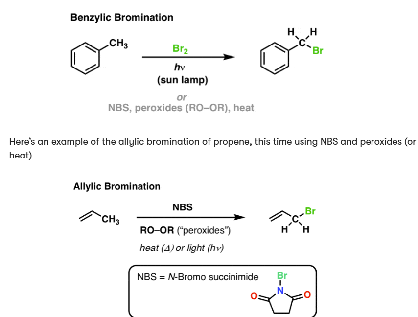 <ul><li><p>adds Br to benzylic or allylic position</p></li><li><p>if performing allylic bromination, Br<sub>2</sub> concentration must be low or else Br will be added on either side of the double bond</p></li></ul><p></p>