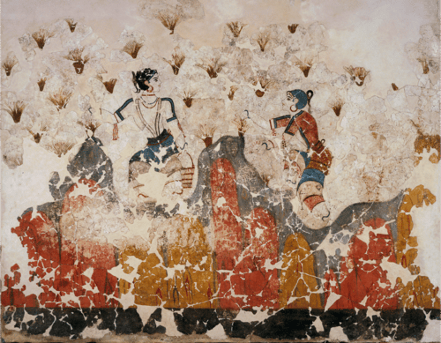 <p>Who:</p><p>The artist is unknown, but it's attributed to the Minoan civilization1.</p><p>What:</p><p>This is a wall fresco aptly named 'the Saffron Gatherers'1. It depicts two women handpicking saffron crocuses (Crocus sativus) amongst a rocky landscape1. They are both dressed in rich clothing and are wearing elaborate jewelry1. The older woman on the left is gathering the stamens of flowers and placing them in a basket while observing the movements of the younger girl. The younger woman is gathering stamens of flowers with both hands and is looking back, as if she is seeking the older woman's approval1.</p><p>Where:</p><p>The fresco is currently housed in the Archaeological Museum of Thera1.</p><p>Original Findspot:</p><p>The fresco was found on the east wall of room 3a of the Xeste 3 building in the Akrotiri settlement of the Greek island of Thera, now known as Santorini1.</p><p>When:</p><p>The fresco dates to approximately 1650 BC1.</p><p>Why it's interesting and important:</p><p>The 'Saffron Gatherers' is part of a large fresco found in the Xeste 3 building, which is likely to have been used as a public building for religious rituals1. These frescoes are excellent representations of Minoan art, which spread to other Aegean islands, such as Thera1. The strong connection between Minoan art and nature is indisputable. Amongst the various depictions of nature in Minoan art, the crocus flower and its stigma (the female organ) are particularly prevalent1.</p>