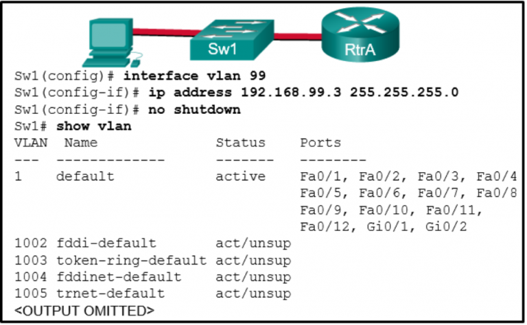 <p><strong>25. Refer to the exhibit. Based on the exhibited configuration and output, why is VLAN 99 missing?</strong></p>