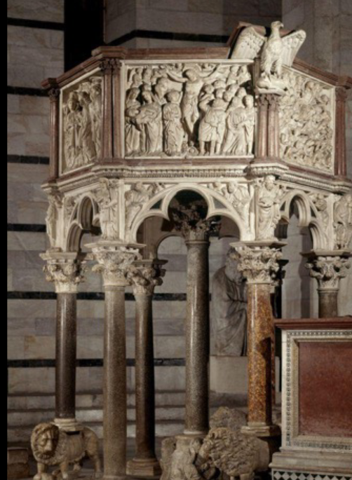 <ul><li><p style="text-align: center"><span>with reliefs of Annunciation. Marble with vestiges of polychromy, granite columns, h. pulpit 15’, panel reliefs h. 2’10”, 1260</span></p></li></ul><p></p>