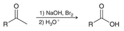 <p>reaction in which a methyl ketone is converted into a carboxylic acid upon treatment with excess base and excess halogen, followed by aqueous acid</p><p>most efficient when the other side of the ketone has no alpha protons</p>