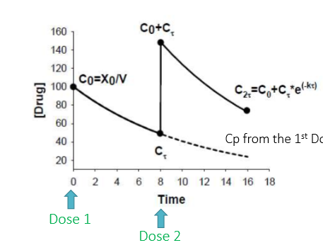 <p>each subsequent dose additively influences the total plasma concentration</p>