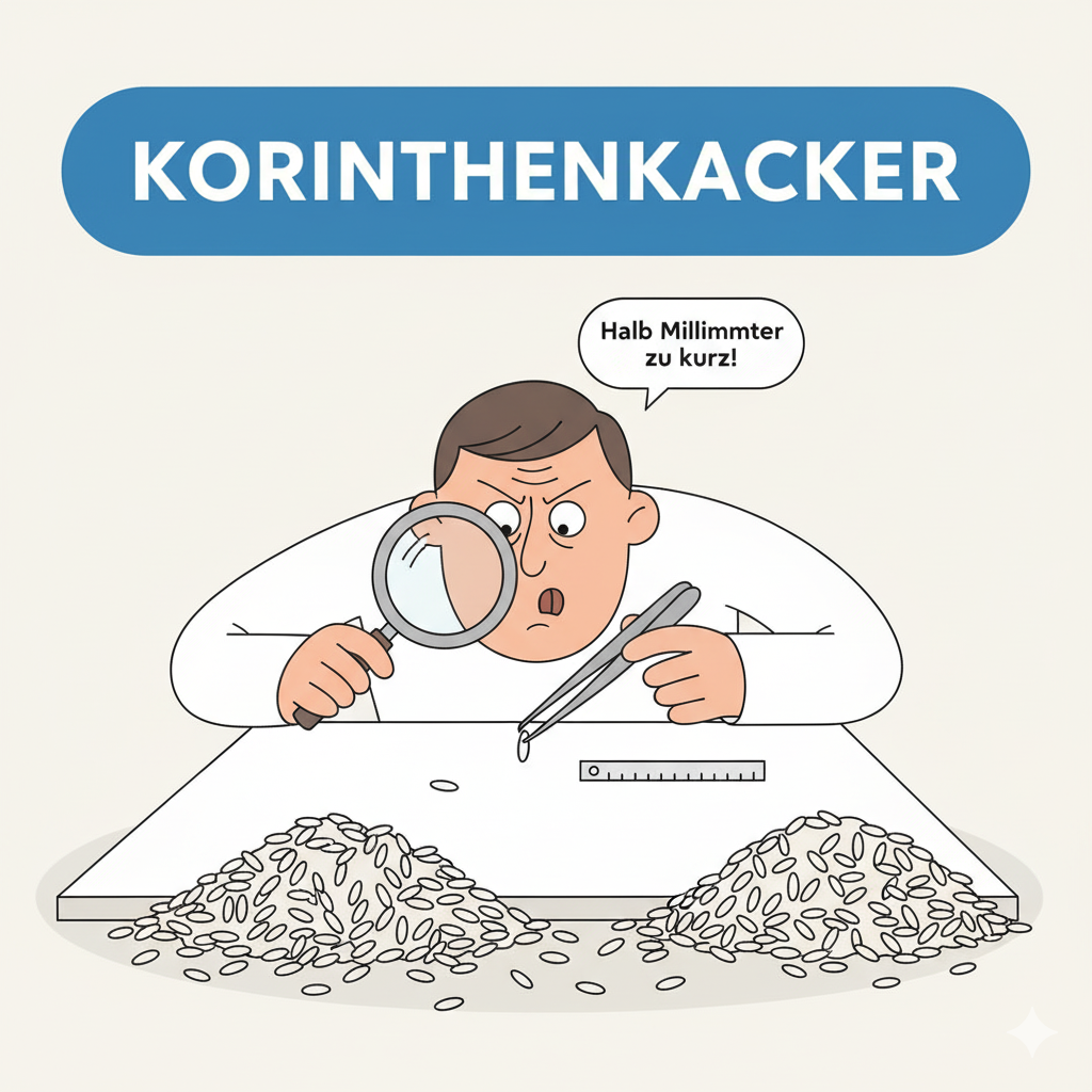 <p><strong>Chef:</strong> Der Bericht ist gut, aber hier auf Seite 42 ist ein Komma falsch gesetzt. <strong>(The report is good, but here on page 42, a comma is placed incorrectly.)</strong></p><p><strong>Mitarbeiter (Muttering to another colleague):</strong> Wegen einem Komma? Er ist so ein <strong>Korinthenkacker</strong>. <strong>(Because of one comma? He is such a nitpicker.)</strong></p>