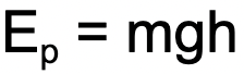 <p>g. p. e. = mass × gravitational field strength × height</p><p>gravitational potential energy (Ep) - joules (J) mass (m) - kilograms (kg) gravitational field strength (g) - newtons per kilogram (N/kg) height (h) - metres (m)</p>