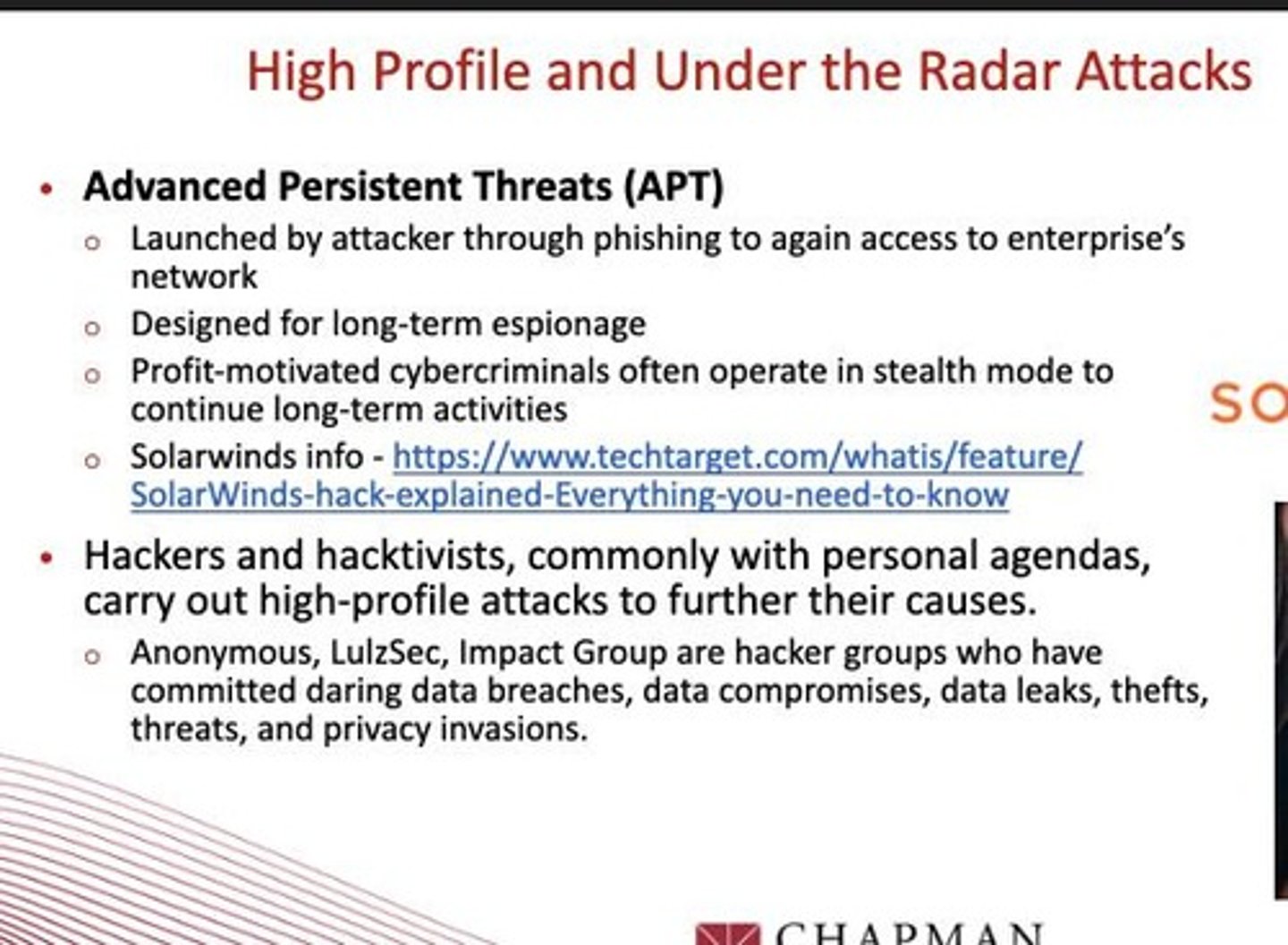 <p>Launched by attackers through phishing to gain access to an enterprise's network, designed for long-term espionage.</p>