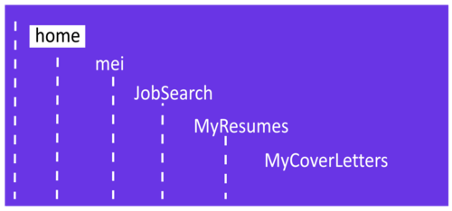 <p>Linux file management structure starting with a top Home level, then a sublevel named Mei, a subsequent sublevel named jobsearch, then a sublevel named myresumes, and finally a sublevel named mycoverletters. All of the names are entirely in lowercase.</p>