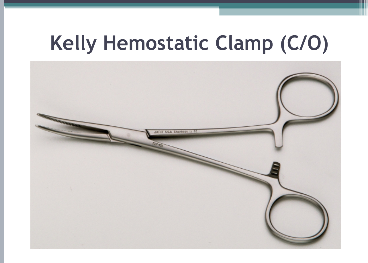 <p>Kelly Hemostatic Clamp (Clamping/Occluding): A curved, medium-sized hemostat used to occlude vessels or grasp tissue.</p>