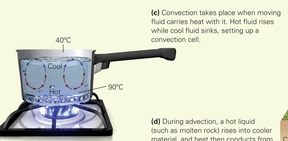 <p>when you place a pot on a stove and heat it, water at the base of the pot gets hotter and expands, so its density decreases. The hot, less-dense water becomes buoyant relative to the colder, denser water above it. In a gravitational field, buoyant material rises if the material above it is weak enough to flow out of the way. Since liquid water flows easily, the hot water can rise. When this happens, cold water sinks to take its place(see image). the resulting circulation, during which flow of the material itself carries heat, is called convection; the path of flow defines convection cells</p>