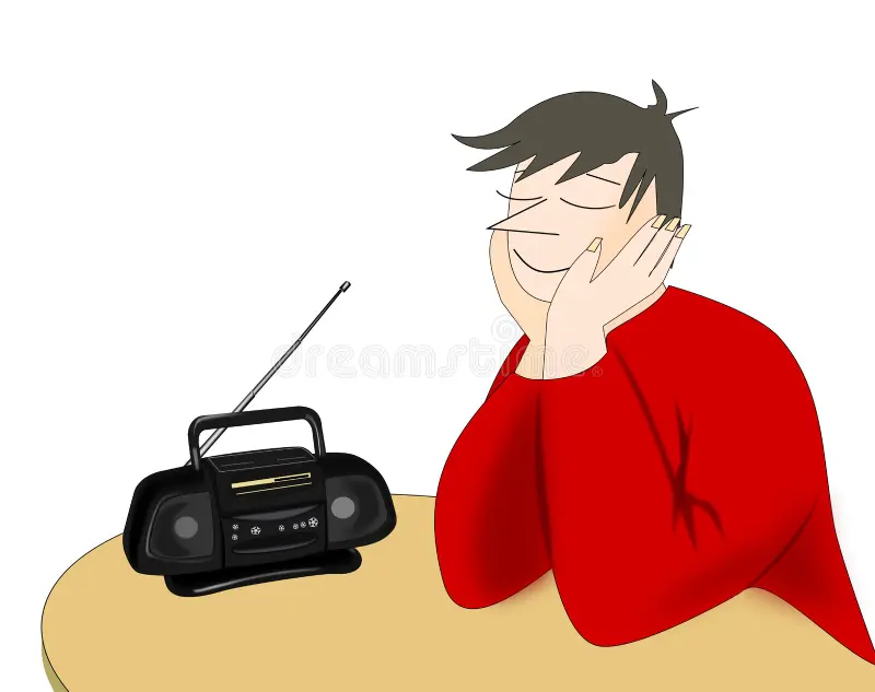 <p>Listen to the radio (v.phr)</p>