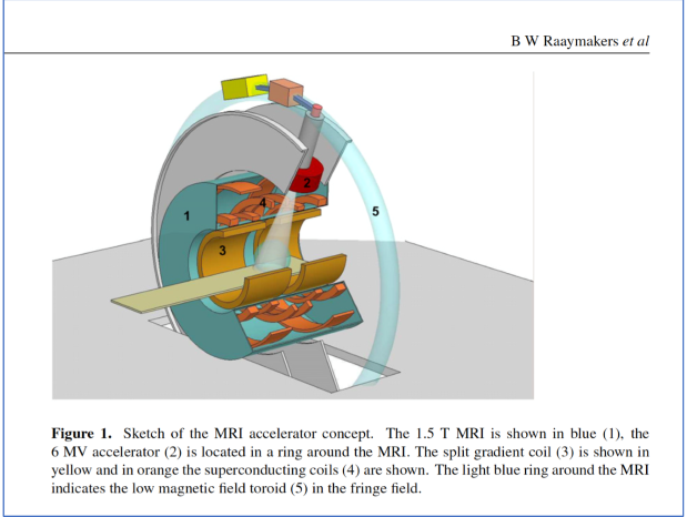 <p>The LINAC and gantry rotate around the MRI magnet in the Unity machine, and the photon beam passes through the magnet via a coil-free central gap in the magnet design. Specifically, the central 15 cm of the magnet contains no coils, creating a clear path for the radiation beam. This gap allows a maximum field size of approximately 24 cm in the head-to-toe (superior–inferior) direction at isocentre. </p><p>Although the beam passes through the magnet structure, the total material in the beam path is minimized and is equivalent to about 8.2 cm of aluminum, ensuring acceptable beam attenuation and dose delivery.</p><p></p>