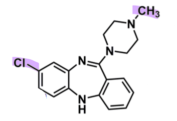 <ul><li><p>pharmacophore: dibenzodiazepines&nbsp;</p><ul><li><p>faster dissociation (less tight binding)&nbsp;</p></li></ul></li><li><p>piperazine w/ tertiary amine&nbsp;</p><ul><li><p>enhances binding affinity</p></li><li><p>secondary weak activity&nbsp;</p></li></ul></li><li><p>EWG Cl @C2 → enhances binding affinity&nbsp;</p></li><li><p>central ring&nbsp;</p><ul><li><p>can have positive charge and oxidized species → leading to agranulocytosis&nbsp;</p></li></ul></li></ul><p></p>
