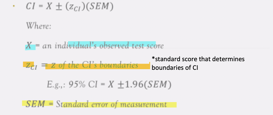 <p>x = an indicual’s observed test score </p><p>Zci = z of the CI’s boundaries</p><p>SEM = standard error of measurement</p>