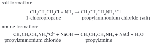<p><span style="background-color: transparent;"><span>Ammonia has a lone pair of electrons on the nitrogen atom which allows ammonia to act as a nucleophile in a substitution reaction with a haloalkane. The product of this reaction is an ammonium salt. Aqueous alkali is then added to generate the amine from the salt.</span></span></p><p><span style="background-color: transparent;"><span>For this reaction to occur, there are some essential conditions:</span></span></p><ul><li><p><span style="background-color: transparent;"><span>Ethanol is used as a solvent. This prevents any substitution of the haloalkane by water to produce alcohols.</span></span></p></li><li><p><span style="background-color: transparent;"><span>Excess ammonia is used. This reduces further substitution of the amine group to form secondary and tertiary animes.</span></span></p></li></ul><p></p>