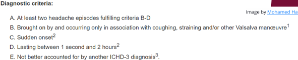 <p>Cause: coughing or other Valsalva/straining maneuver </p>
