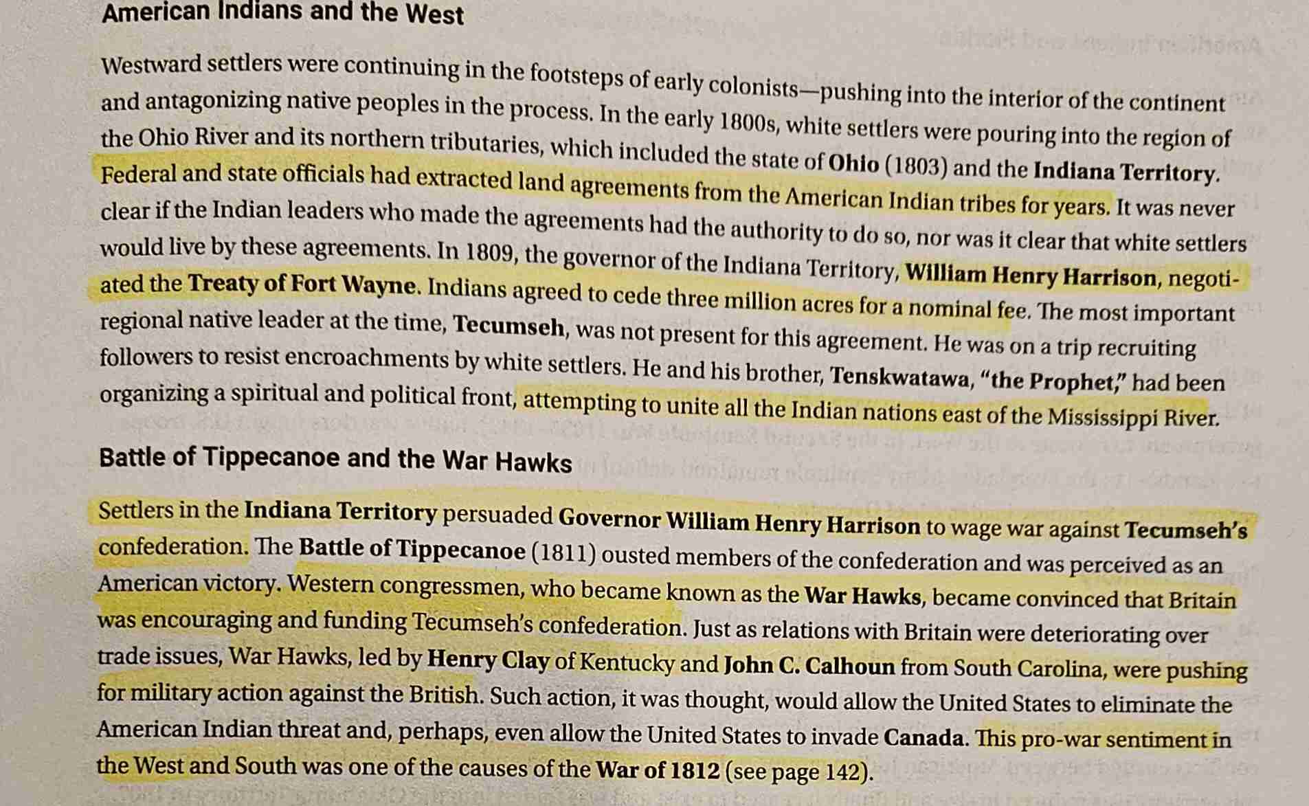 <p>Inspired by the battle of fallen timbers, he was a Shawnee warrior that resisted white encroachment and gave up white culture. Created an alliance of natives in the Ohio River Valley. Established Prophet Town which was burned down and natives fled to Canada</p>