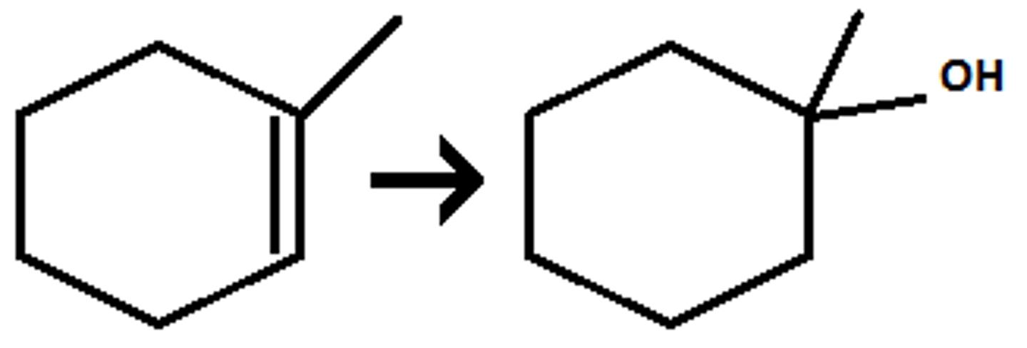 <p>Uses H2SO4 &amp; H2O<br>Markinov<br>No syn / Anti (Adds an alcohol and hydrogen)<br>Attatches an OH and H to the molecule</p>