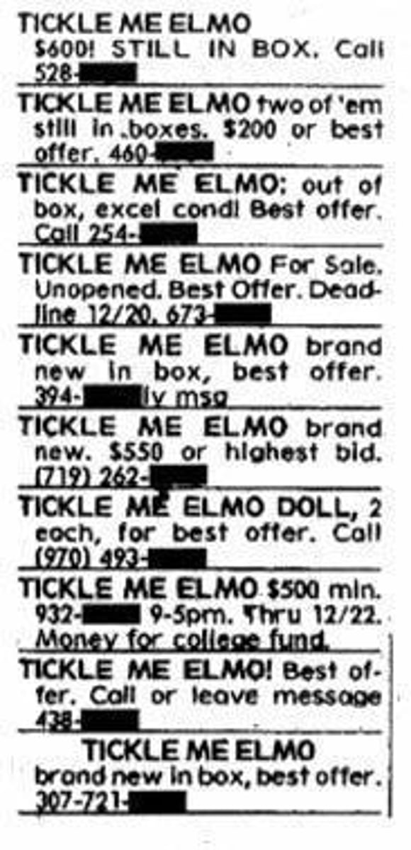 <p>The phenomenon during the 1996 holiday season where the Elmo toy became extremely popular.</p>