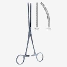 Used to clamp colon tissue, the serrations are angled