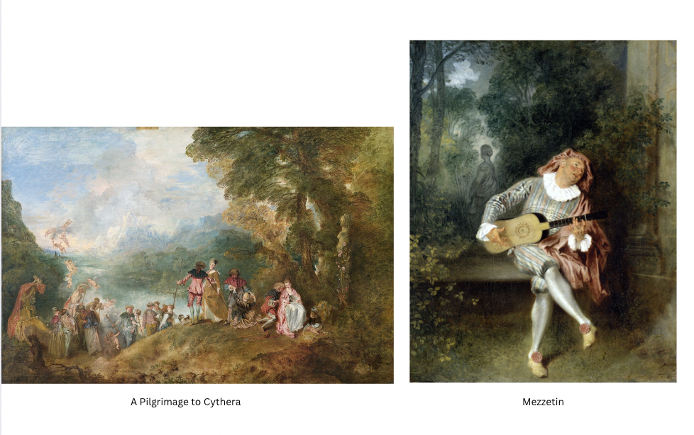 <p><strong><span>Jean-Antoine Watteau</span> – <em>A Pilgrimage to Cythera</em></strong></p><ul><li><p>A defining Rococo painting showing aristocrats in a dreamlike landscape of love.</p></li></ul><p><strong><span>Jean-Antoine Watteau</span> – <em>Mezzetin</em></strong></p><ul><li><p>A melancholic Rococo portrait blending theatrical costume with emotional vulnerability.</p></li></ul><p></p>