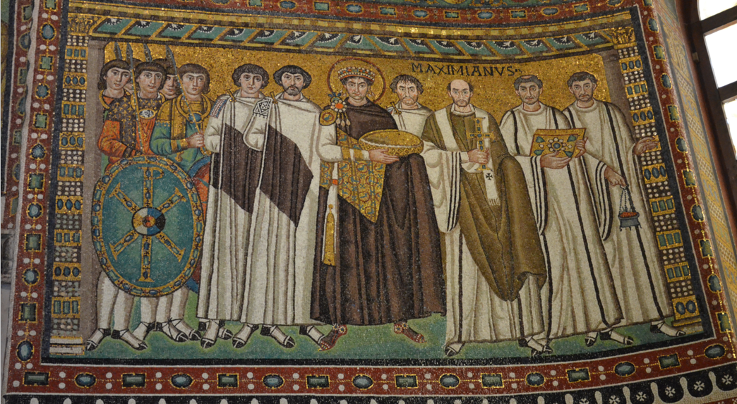 <ul><li><p>Shows Justian, middle of the mosaic, holding a bowl of bread</p></li><li><p>Space is uncertain</p></li></ul><p></p>