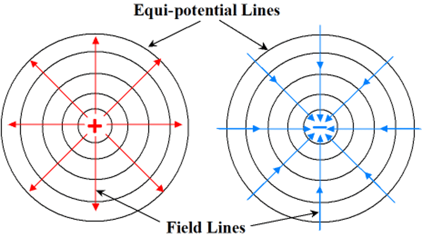 <p>- all points have the same potential so there is no p.d. between 2 points on the surface</p><p>- equipotential surfaces are always perpendicular to field lines</p><p>- around a point charge equipotential surface are concentric spheres, but appear as concentric circles on a 2D diagram</p>