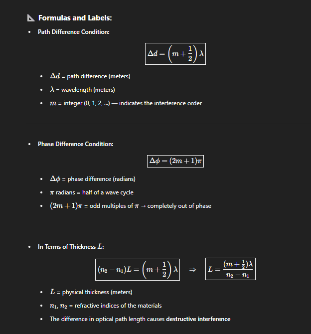 <p>When <strong>two waves meet out of phase</strong> (crest meets trough), their amplitudes <strong>cancel each other</strong>, resulting in a <strong>dimmer or completely cancelled wave</strong>.</p><p></p><p></p><p></p>