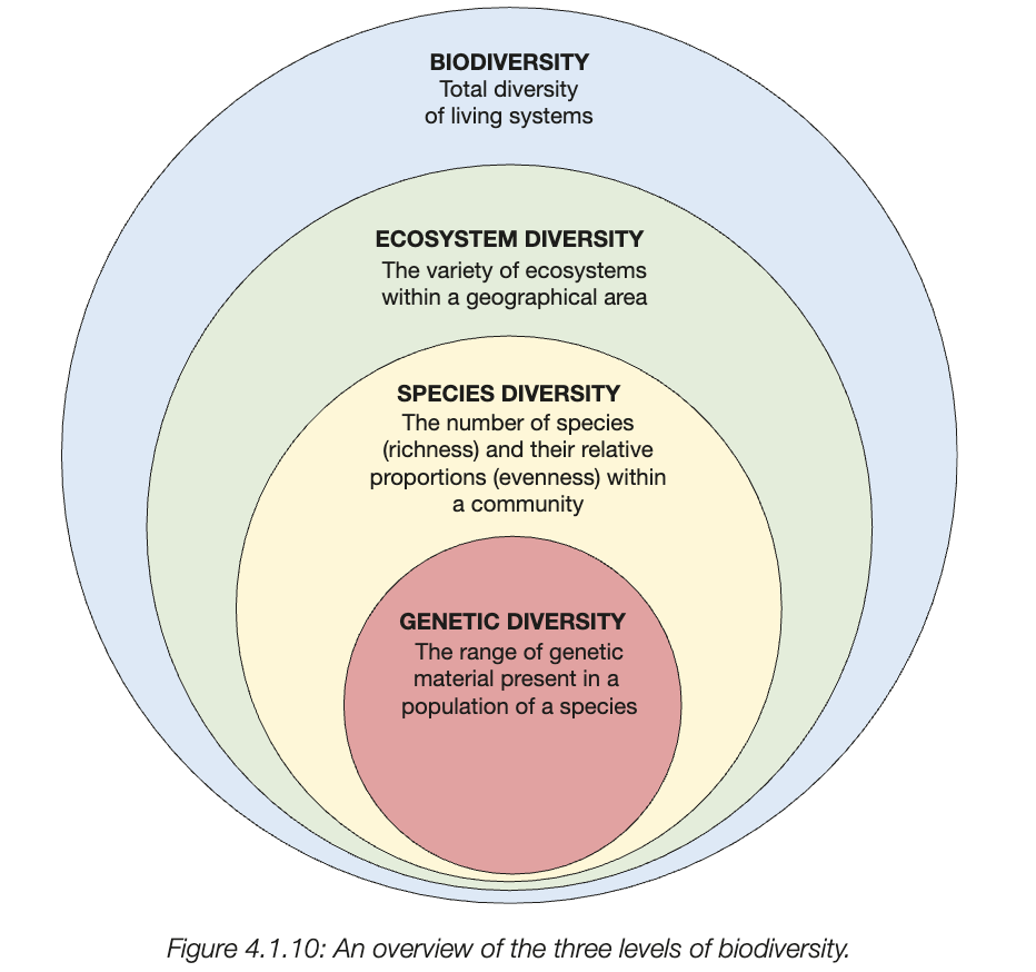 <ul><li><p>variety of living things on earth </p></li><li><p>generally expressed at 3 different levels - genetic, species, and ecosysten diversity</p></li></ul><p></p>