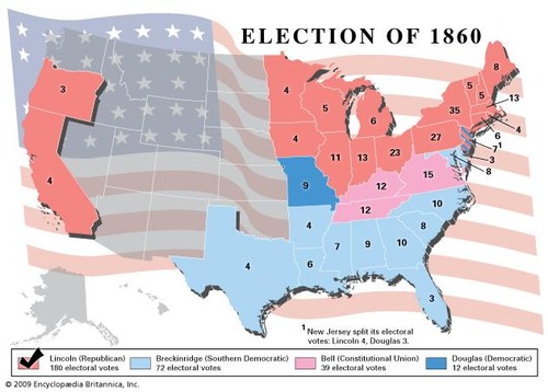 <p>(1860) The United States presidential election of 1860 set the stage for the American Civil War. Hardly more than a month following Lincoln&apos;s victory came declarations of secession by South Carolina and other states, which were rejected as illegal by outgoing President James Buchanan and President-elect Lincoln.</p>