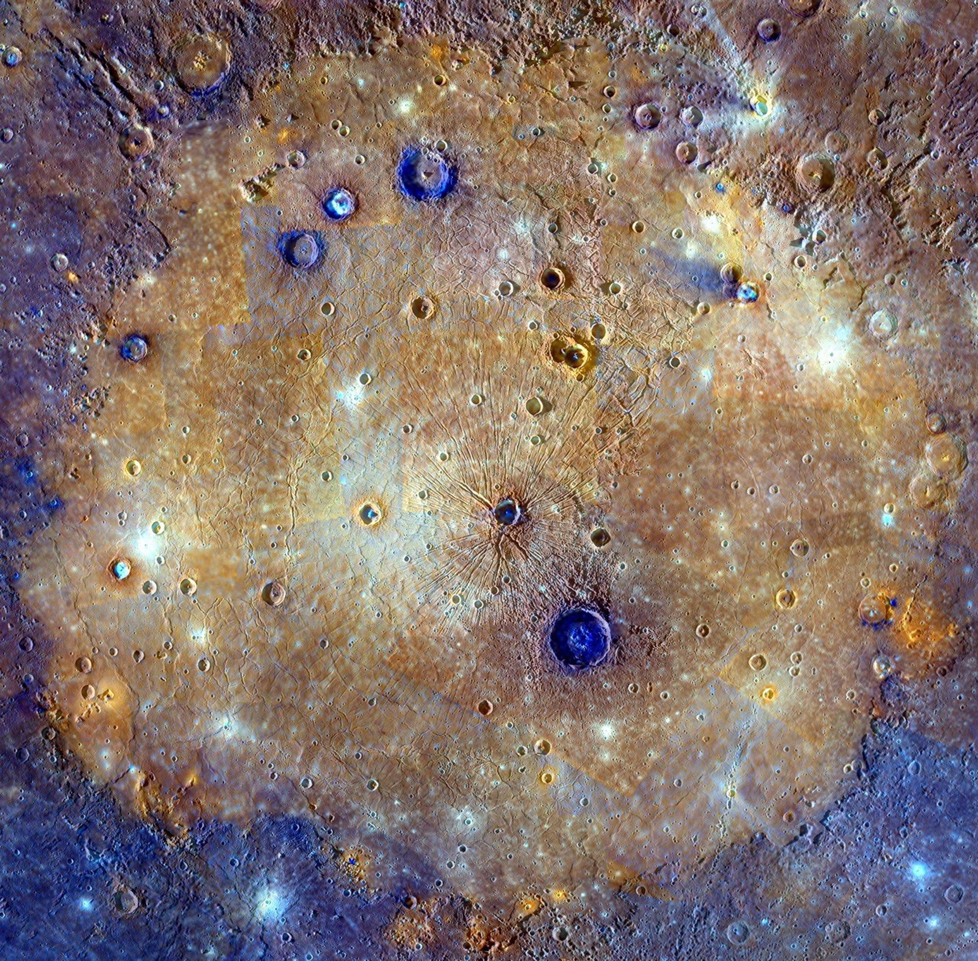 <p>Mercurys most prominent/visable land feature.</p><ul><li><p>A multi-ring crater/basin</p></li><li><p>Ringed by mountain ranges</p></li><li><p>Impact caused seismic waves inside mercury to create weird terrain on the other side</p></li></ul><p></p>
