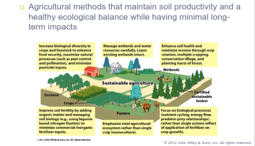 <p>Agricultural methods that maintain soil productivity and a healthy ecological balance while having minimal long-term impacts</p>