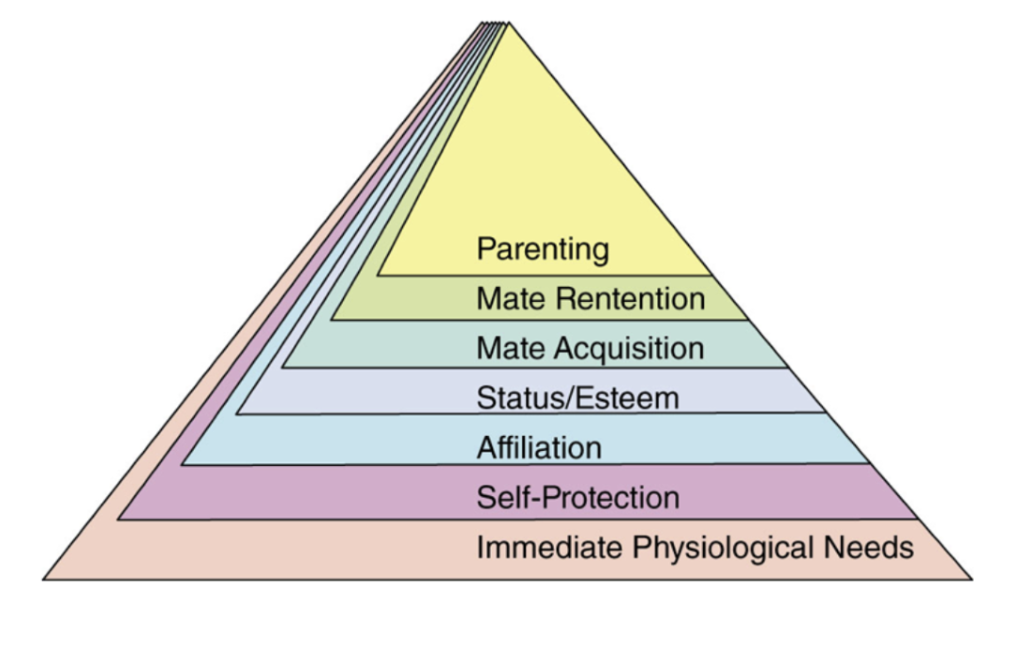 fulfilling basic physiological needs and protecting oneself from harm are at the bottom of the pyramid

the next two levels—affiliation and status—also correspond to levels of Maslow’s hierarchy and recognize the crucial role that relationships with groups and communities play in human life 