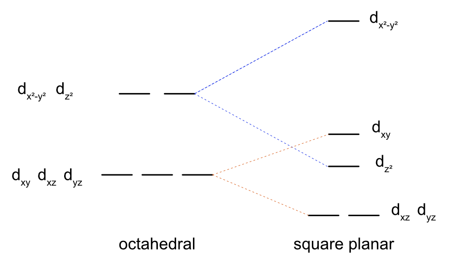 <ul><li><p>d<sup>8</sup> ions favour square planar geometry with a strong field </p></li><li><p>square planar is like removing the axial ligands from an octahedral (distortion along z-axis) </p></li><li><p>so all orbitals with a z component has its energy lowered as the repulsions between electrons and the metal ion and ligand decrease .</p></li><li><p>So it makes a row of two orbitals, with two stacked on top, with the dx<sup>2</sup>-y<sup>2</sup> orbital with a large energy gap </p></li></ul><p></p>
