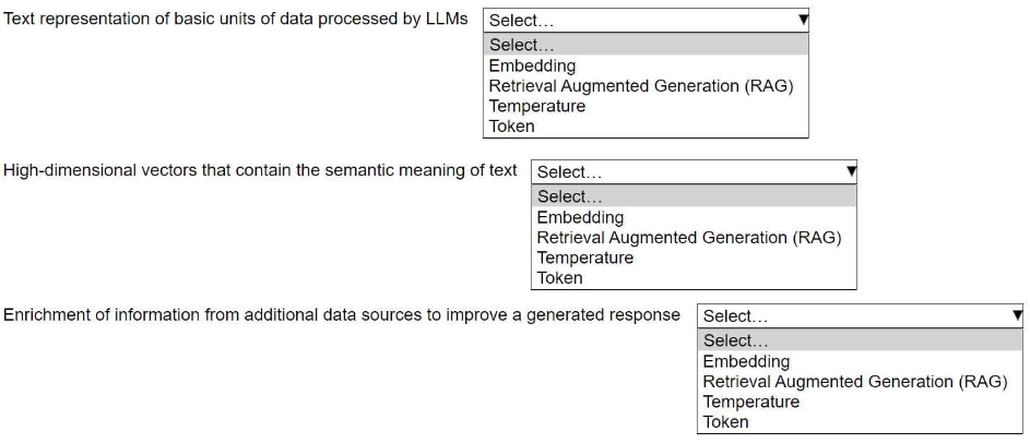 <p><span>An ML engineer is building a generative AI application on Amazon Bedrock by using large language models (LLMs).</span><br><span>Select the correct generative AI term from the following list for each description. Each term should be selected one time or not at all. (Select three.)</span><br><span>• Embedding</span><br><span>• Retrieval Augmented Generation (RAG)</span><br><span>• Temperature</span><br><span>• Token</span></p>