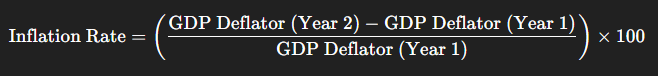 <p><span>Inflation Rate = GDP Deflator (Year 2) - GDP Deflator (Year 1) / GDP Deflator (Year 1) * 100</span></p><p><br></p>
