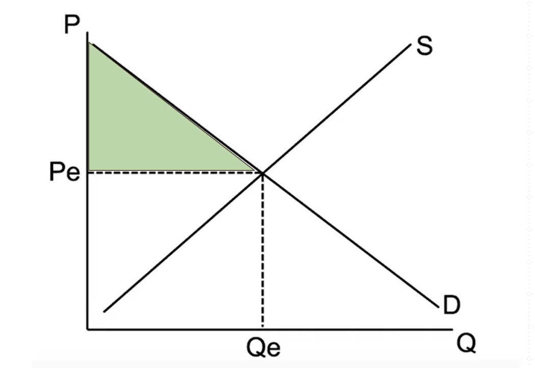 <p>the benefit to consumers from paying less than the price they are willing to pay; consumers benefit from lower prices.</p>