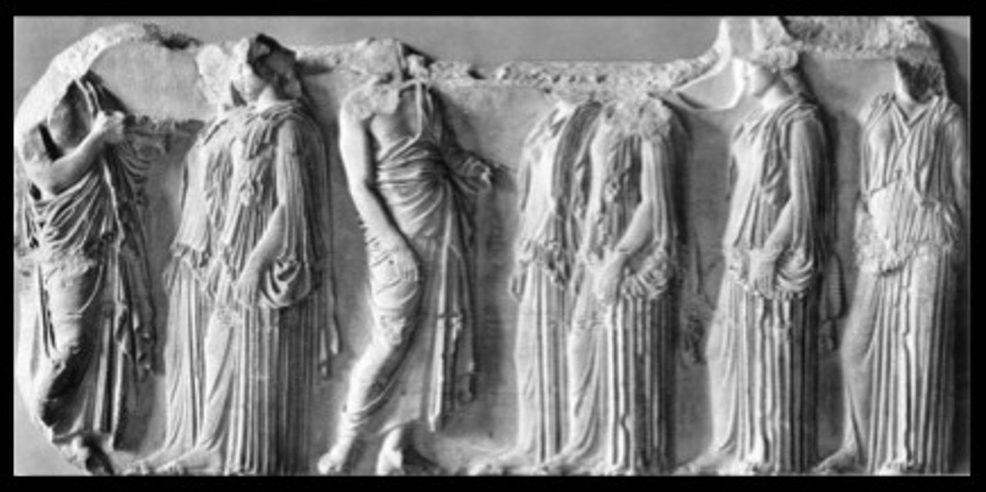 <p>ROO: Acropolis, Athens, Greece</p><p>M: marble</p><p>- depict events from panathenaic festival</p><p>- isocephalism</p><p>- ergastines: 6 women in charge of weaving peplos for statue of athena</p>