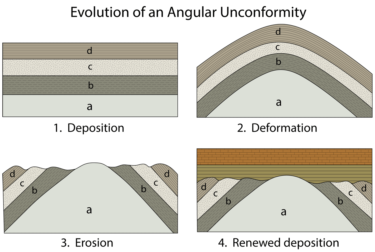 <p>A surface between overlying, younger, flat rocks and underlying, older, tilted rocks. Younger rock is not parallel with older rock.</p>
