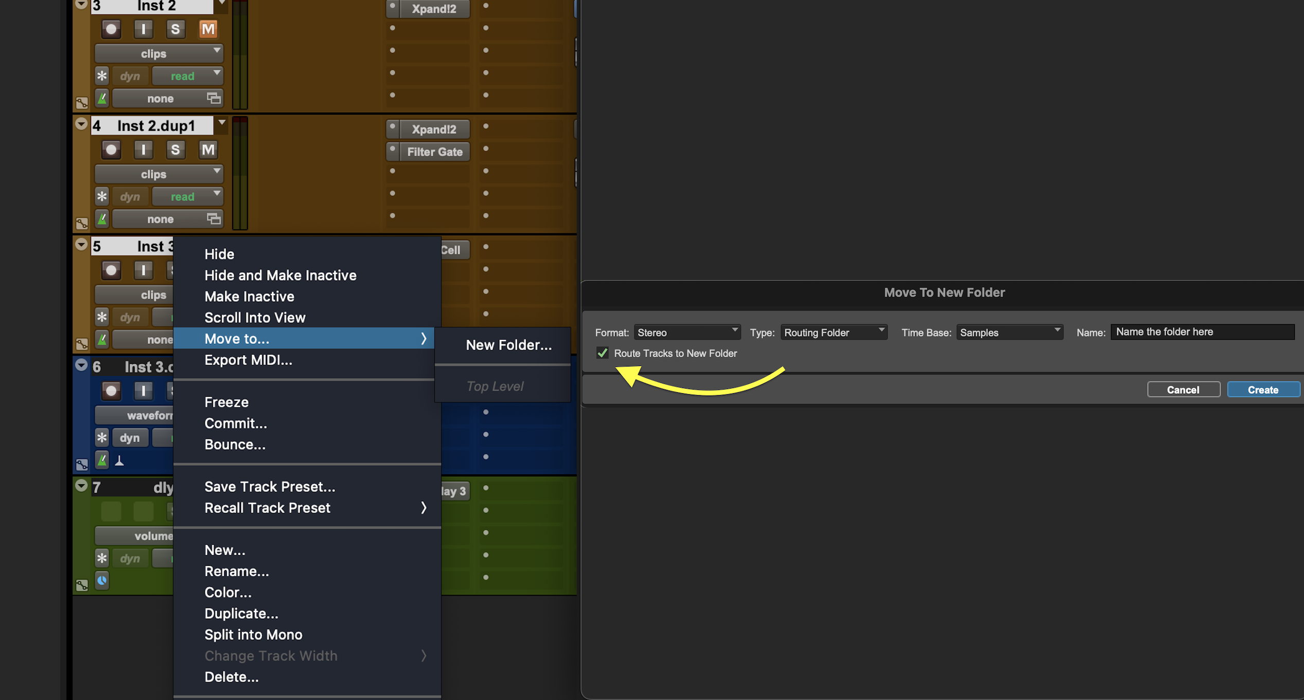 <p>First select the tracks you’d like to add. Then Right-click on the name of one of the tracks and select Move To... Then Choose Routing Folder from the drop menu and check the box Route Tracks to New Folder.</p>